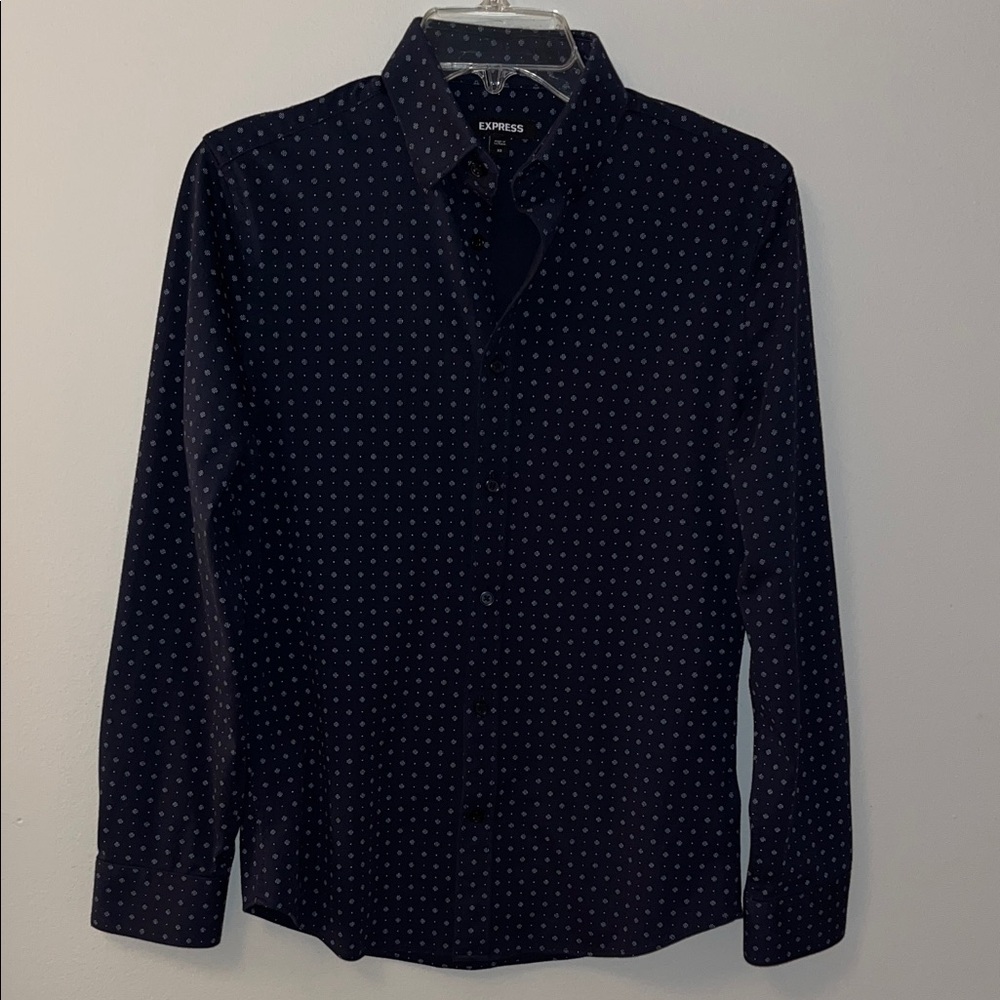 Express Men's Dark Blue Patterned Button Down Shirt XS